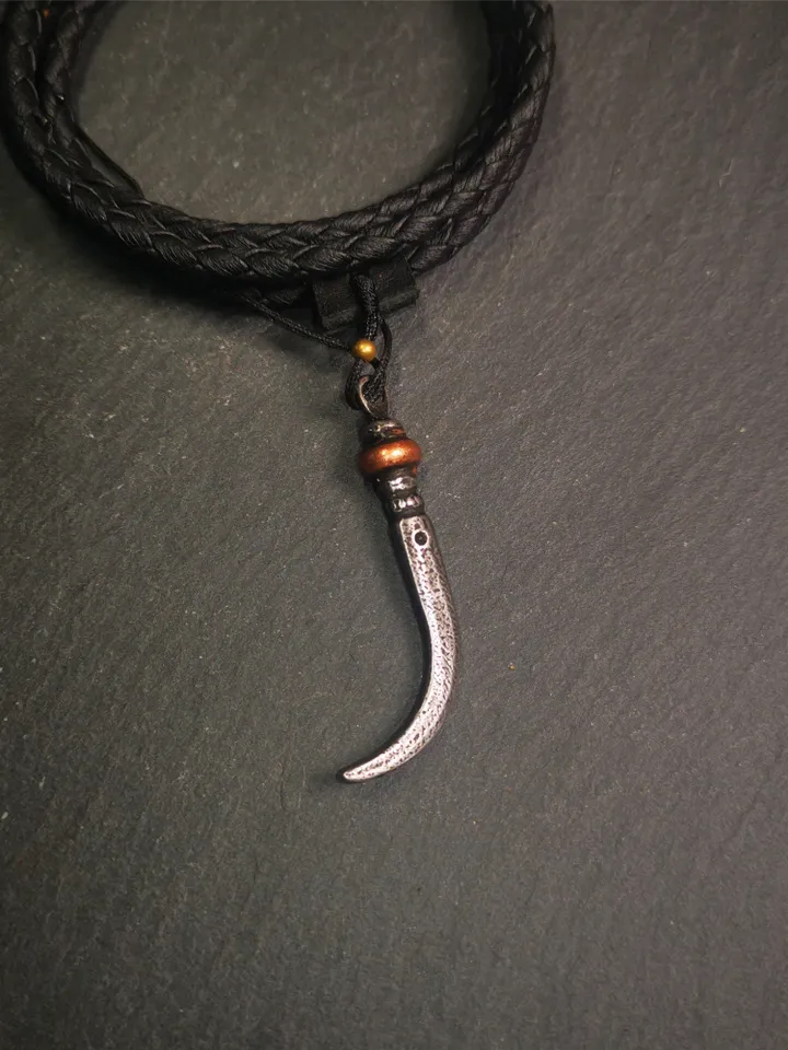 Gandhanra Handmade Tibetan Amulet ,Wolf Tooth Pendant with Leather Cord,Made of Cold Iron inlaid Copper,1.77"
