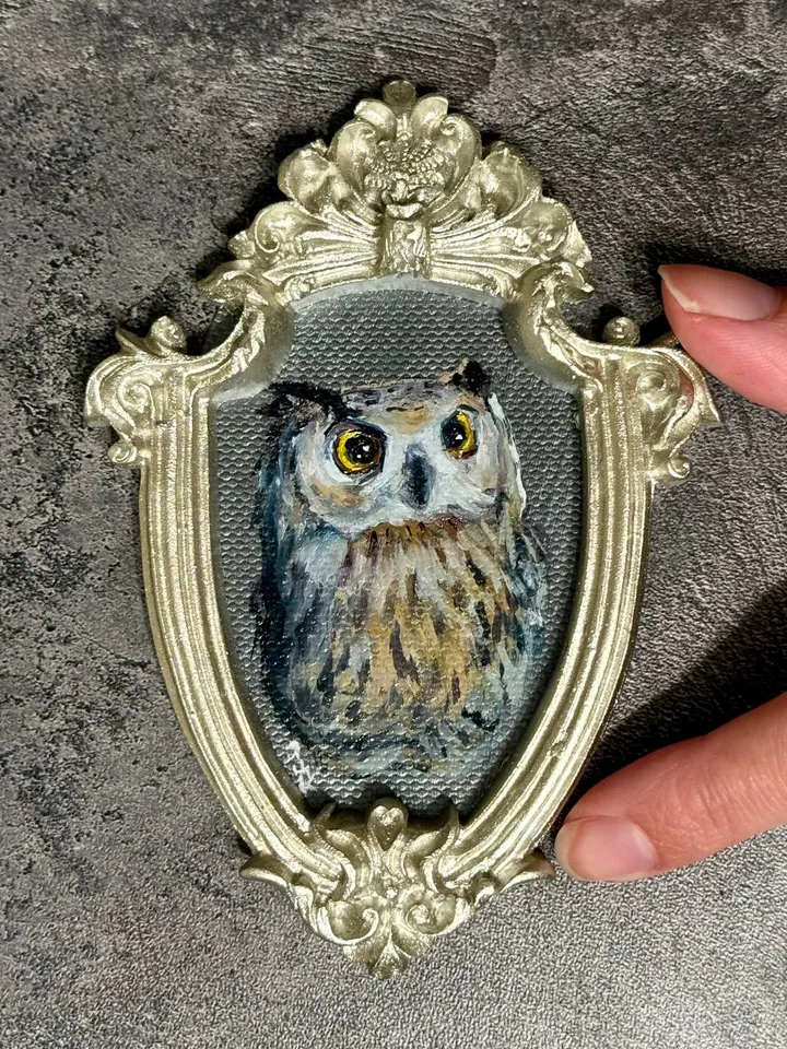 Owl Oil Painting Original In Vintage Style Frame Small Framed Bird Art Baby Owl