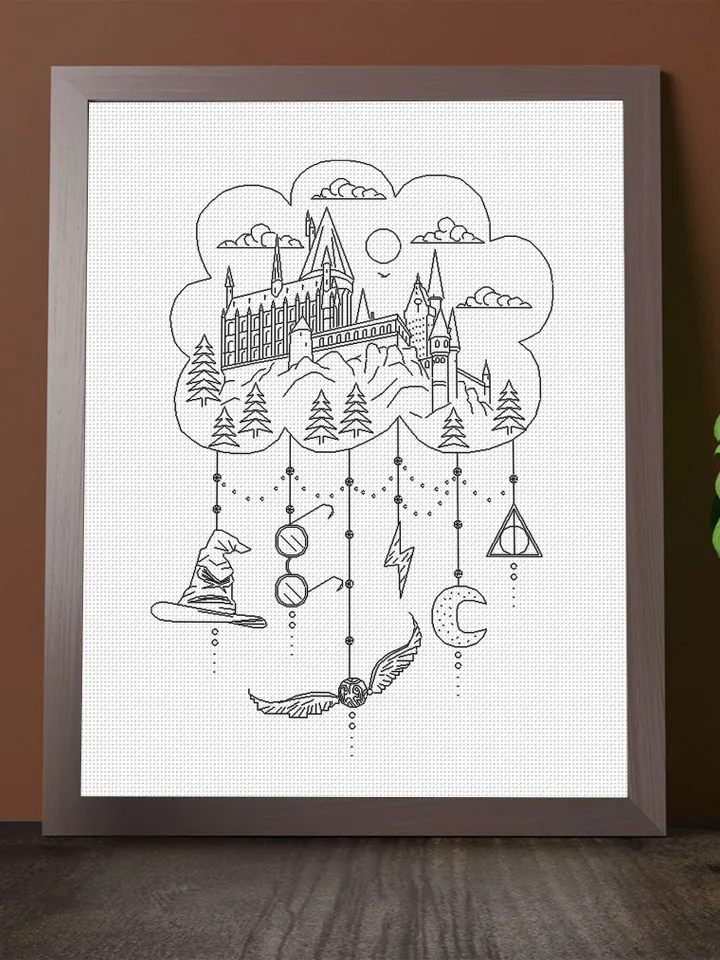 Magic castle blackwork patterns PDF Wizard school cross stitch chart, Dreamcatcher hand embroidery PDF download, Fandom cross stitch #W15