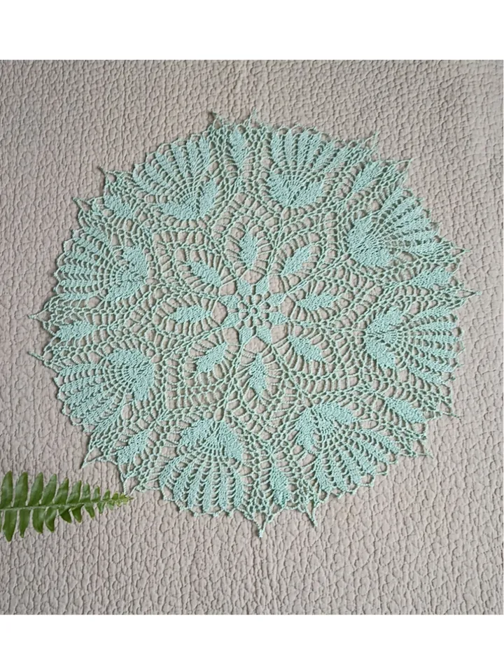 Hand crocheted large emerald mint doily gray-beige tablecloth 18.50-20.47 inches