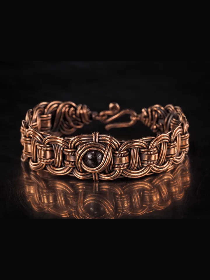 Copper wire wrapped garnet bracelet Unique bangle 7th Wedding Anniversary