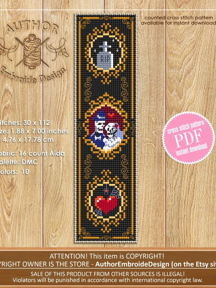 Gothic bookmark cross stitch pattern PDF download Gothic cross stitch chart, Goth wedding as Skeleton couple, Gothic heart #B131
