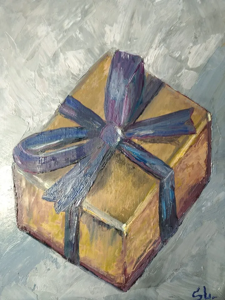 Oil Painting Holiday Gift Box with Blue Bow Original Art Cardboard 10x7 Inch