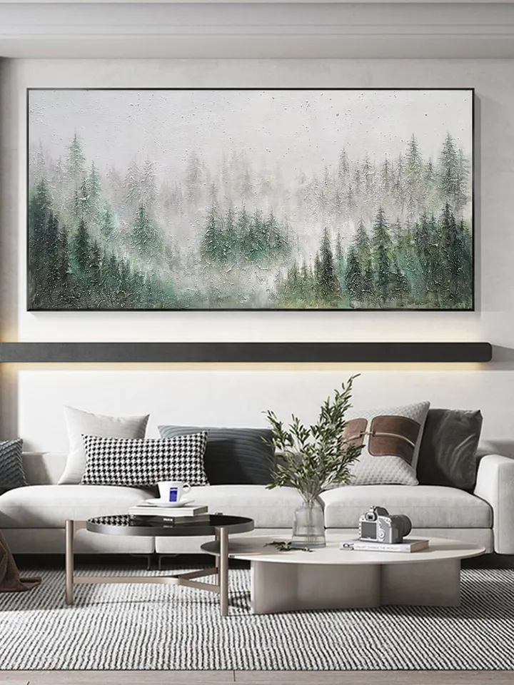 Misty Forest Painting, Textured Landscape Art, Green Forest Wall Art, 3D Canvas Art, Nature Wall Decor, Serene Forest Scene, Panoramic Art