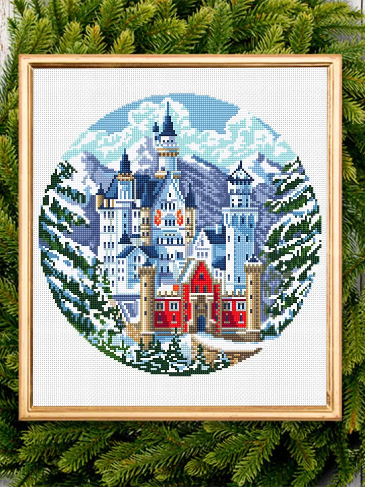 Winter landscape cross stitch pattern download PDF Neuschwanstein castle cross stitch chart, Nature embroidery digital, Snowy mountains #C3