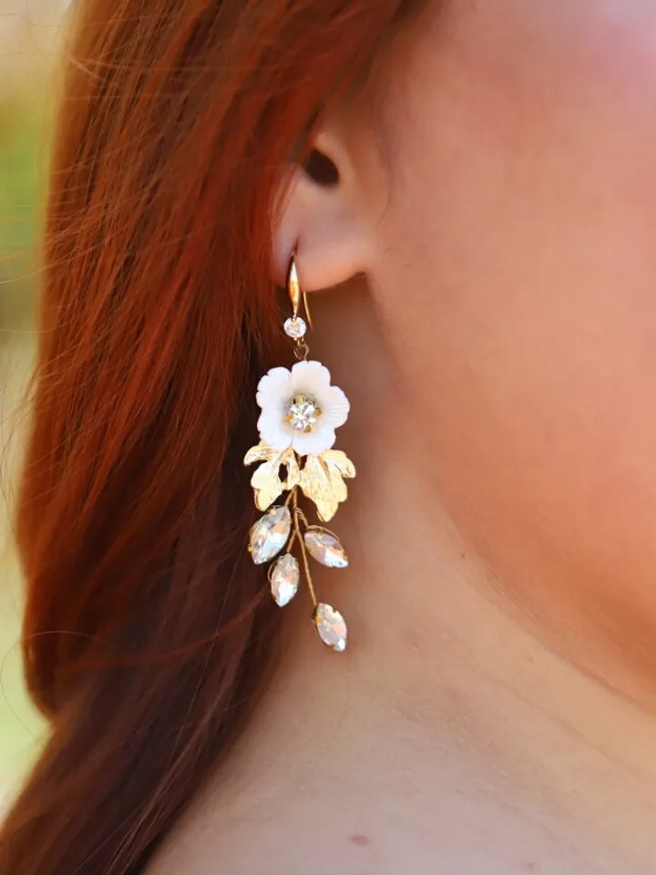 Porcelain Flower Wedding Earrings, Gold Floral Statement Bridal Earrings, Boho Wedding Earrings, Statement Wedding Jewelry Set, Jewellery