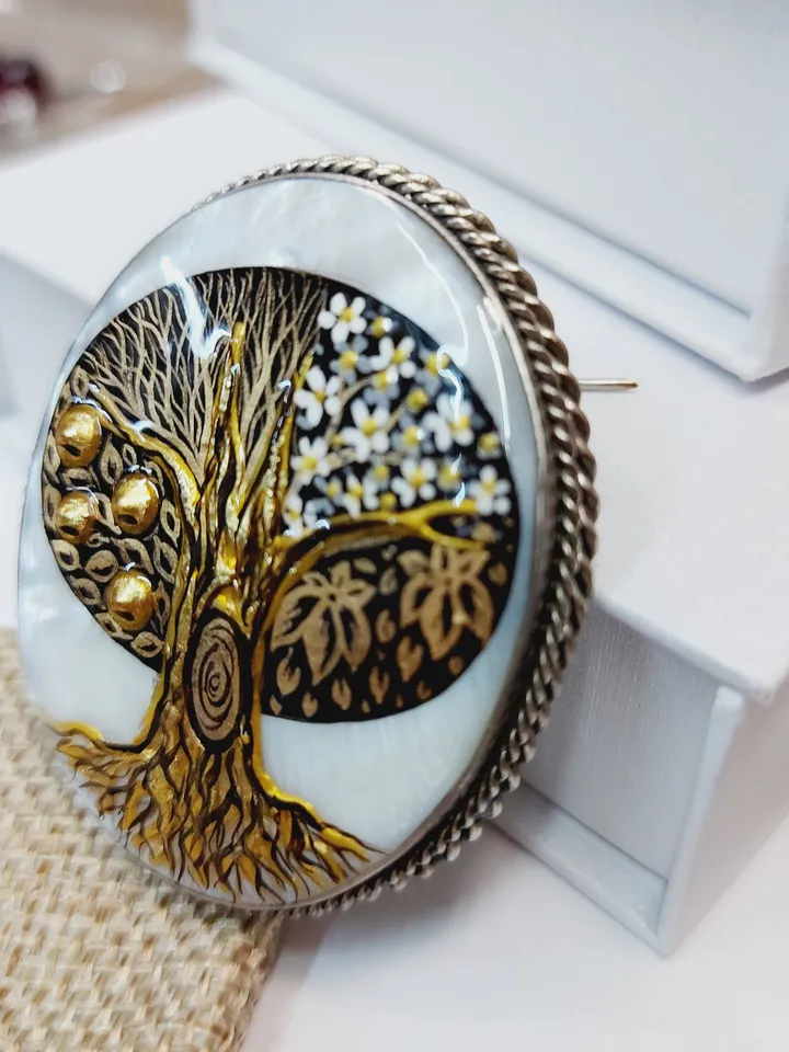 Brooches for women: Tree of life with four seasons on pearl pin • Mother of pearl brooch hand painted in in Klimt style • Dainty brooch