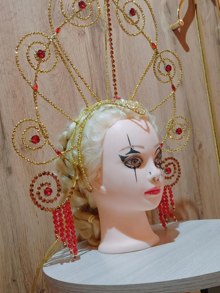 Golden Crystal Head,carnival crown,festival headdress,burlesque crown,golden headdress for girls from show, headdress for girls from cabaret