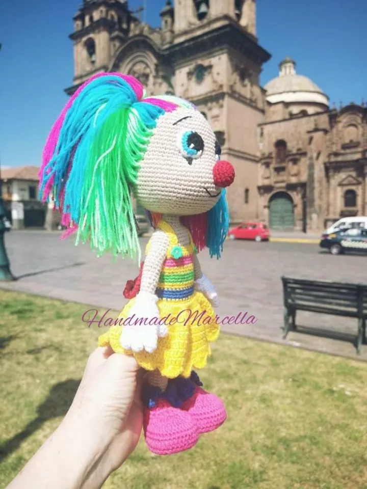 Multicolored Clown Crochet Doll โ 38 cm Handmade Amigurumi โ Neon Hair & Pigtails โ Colorful Gift โ Fun Collectible โ Soft Toy