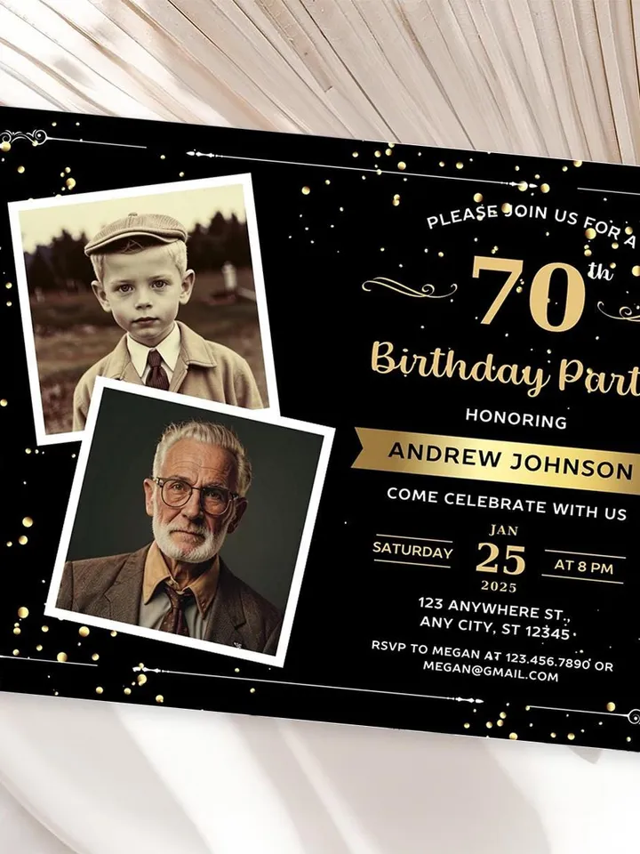 70th Birthday invitation with Photo | Adult Birthday Photo Invite | Mens birthday Black Gold landscape invitation card | Canva template
