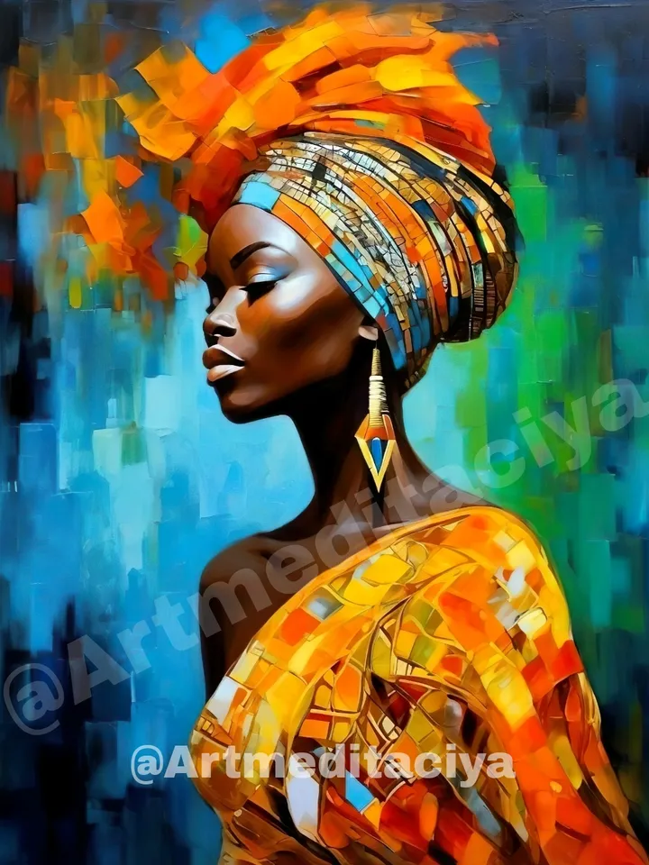 Digital abstract texture painting "Mysterious Mulatto woman" on an abstract blue-blue-green background. This is a vivid image of a beautiful African woman in a yellow-orange outfit and a turban in the style of oil painting