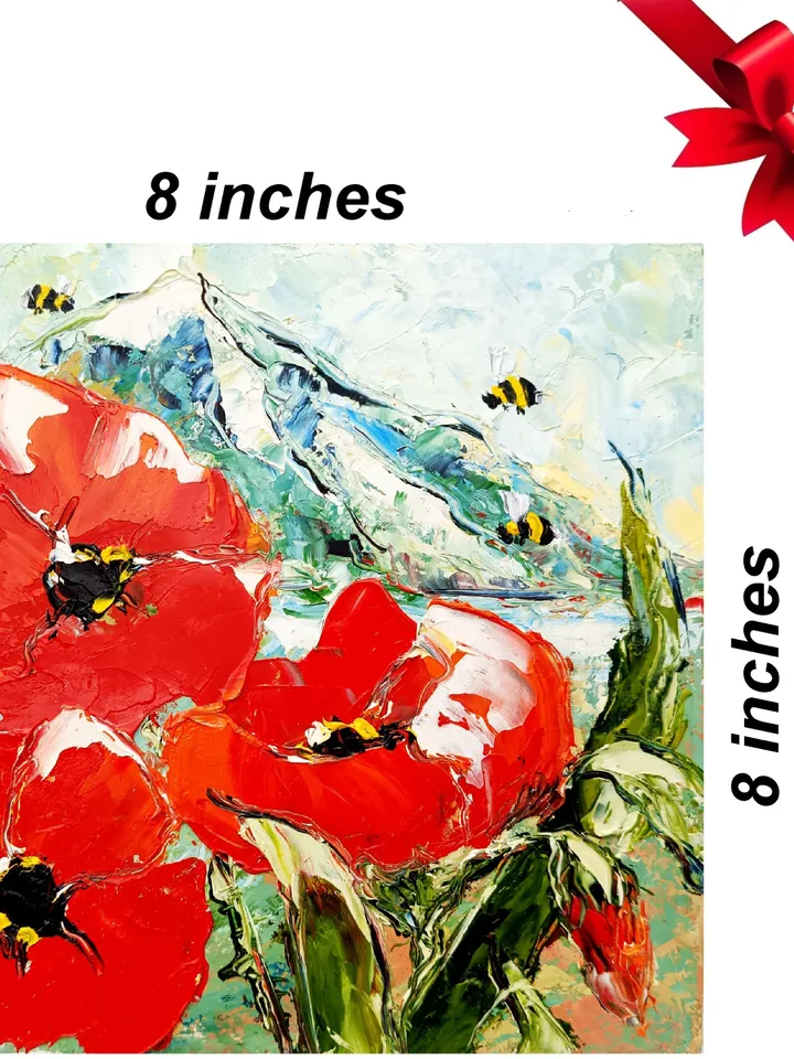 Poppy Painting Honeybee Original Art Impasto Oil Painting Floral Wall Art 8x8 by ArtProkopaloSv
