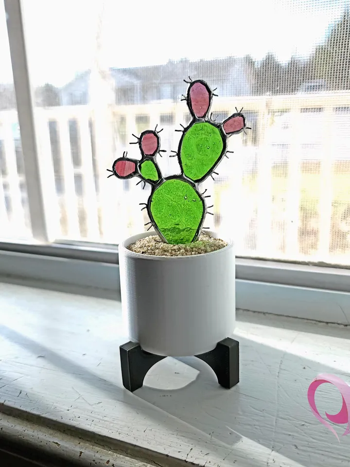 Real Stained Glass Prickly Pear Cactus Suncatcher in Cute Pot for Small Windowsill Paddle Cactus Gift for Plant Lovers No Kill Succulent