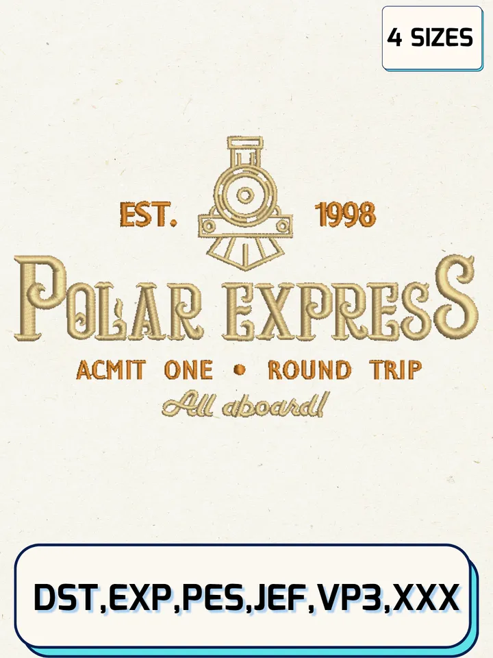 Polar Express Acmit One, Round Trip Embroidery Designs,Christmas Embroidery Designs,Machine Embroidery Files,4 Sizes