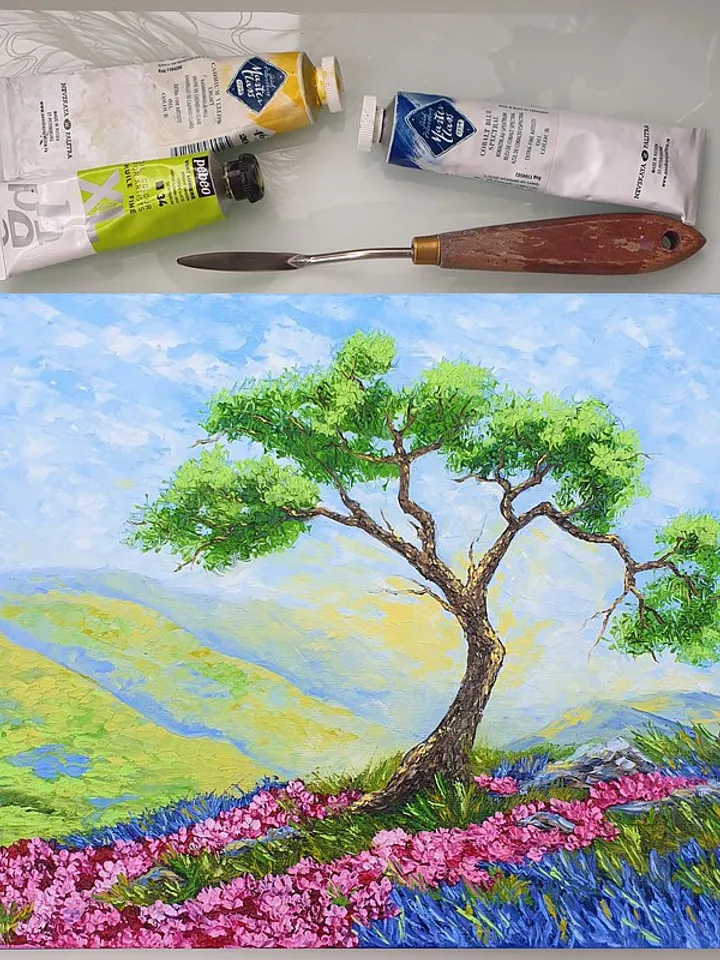 Cypress Tree Painting Lavender Original Art Landscape Artwork Oil Painting