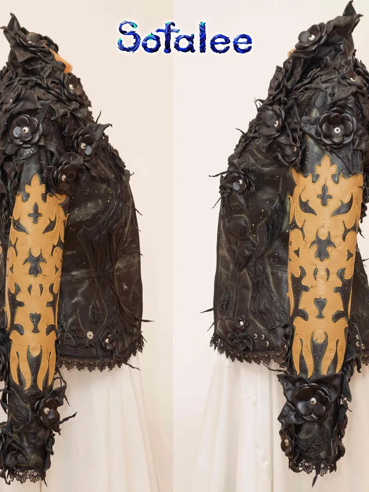 The luxury 3D floral women's Jacket of black genuine leather with beige application,Handmade aristocratic style clothing
