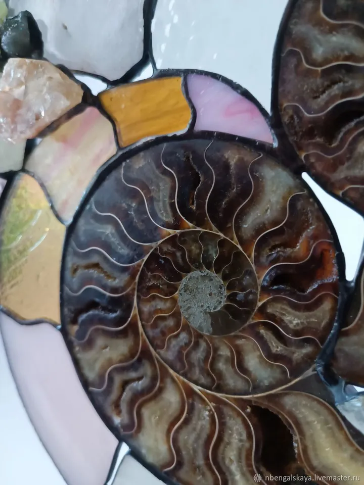 Paired Ammonites on a Stand, Paired Stained Glass Ammonites on Stand, Paired Ammonites, Ammonite Duo on Stand, Twin Fossil Ammonites, Ammonite Sculpture with Gemstones, Stained Glass and Ammonite Art, , Twin Ammonites with Stained Glass Accents