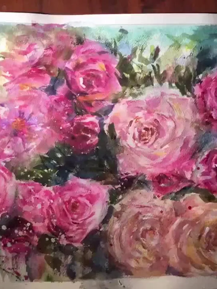 Roses garden poster from original watercolor,flowers painting,bouquet of pink and yellow roses,wall hanging,floral home decoration gift.