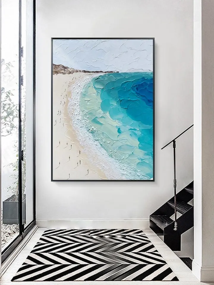 Abstract Beach Canvas Painting,Large Original Sunshine Ocean Coast Seascape Oil Painting Wall Art, Modern Blue Beige Living Room Wall Decor