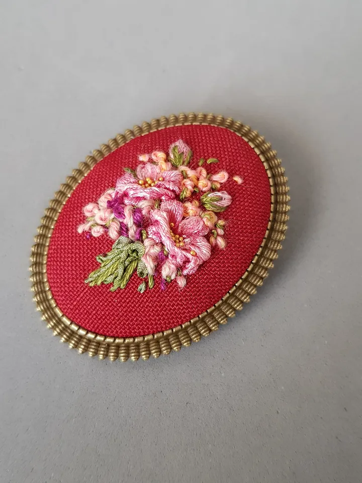 Ribbon embroidered red brooch for her, embroidered jewelry