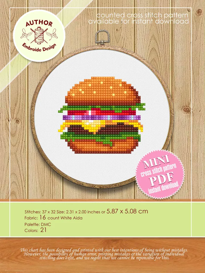 Burger small cross stitch pattern PDF Fast food cross stitch chart, Funny mini cross stitch Instant download PDF, Kawaii hand embroidery #F4