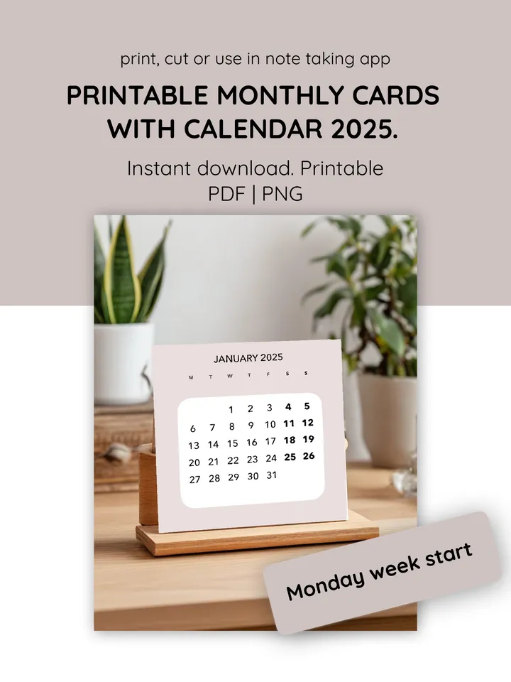 Printable Desk Calendar Monthly Cards and Dividers. Functional planner cards. Monthly desk calendar. 12 month 2025 calendar. Calendar crafting. Monday week start