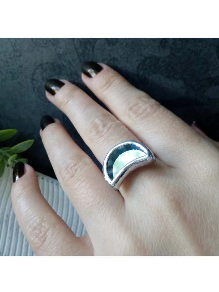 Mirror crescent ring, moon ring, stained glass ring, protection ring, Halloween ring, witchy aesthetic, soldered ring