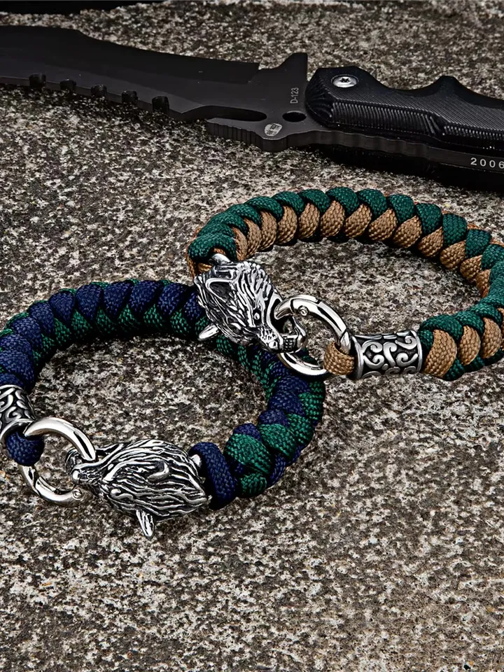 Stainless Steel Wolf Head Nordic Handmade Paracord Bracelet
