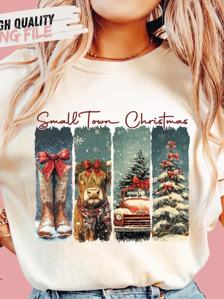 Vintage small town christmas PNG, Cowgirl Png, Small town girl Christmas PNG, highland cow Christmas png, Christmas western png