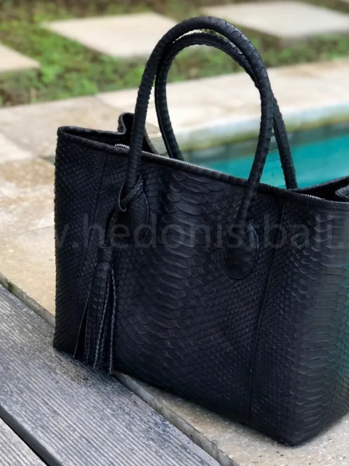 Genuine python skin big classy black bag / elegant women purse / designer leather bag / exotic leather bags