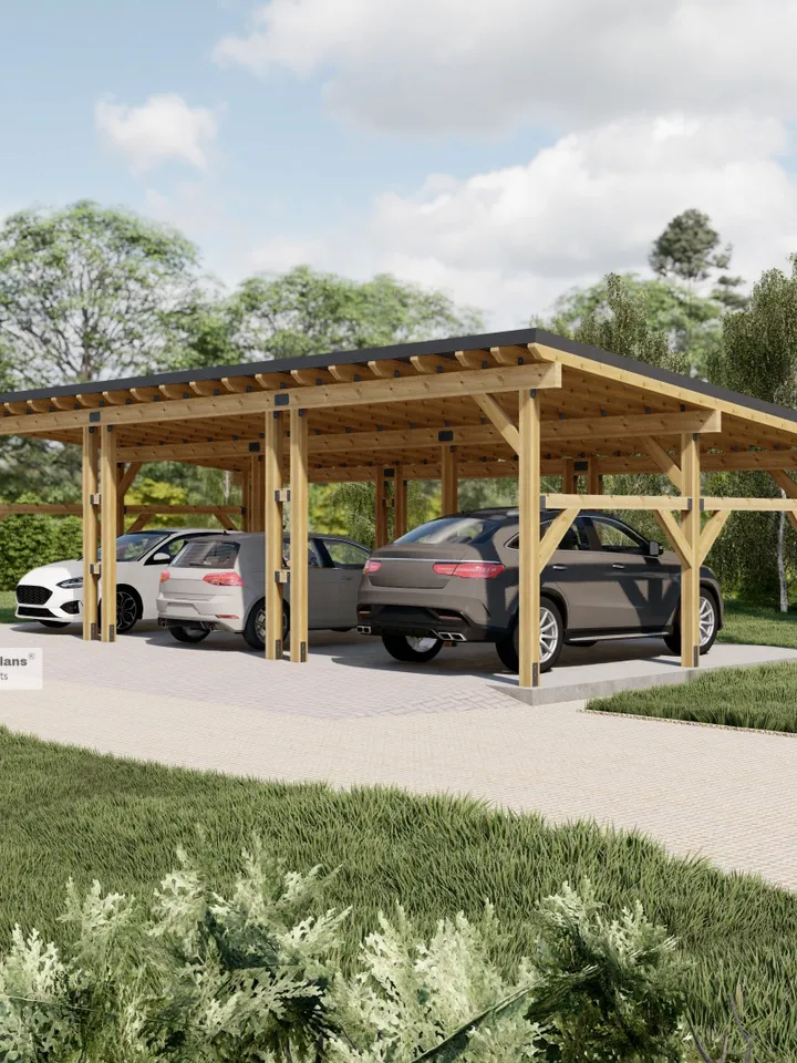 3 Car Carport Plans, Modern 36'-3''x18' Lean to Pavilion Blueprints
