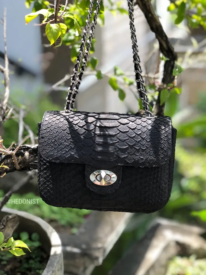 Genuine python skin adjustable chain crossbody black women classy MINI bag, classy evening bag, leather small black bag, black purse