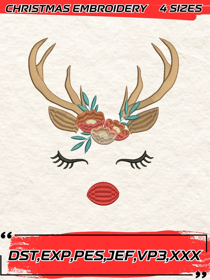 Christmas Flower Reindeer Faces Embroidery Design,Christmas Embroidery Design,4 Sizes, Digital Download