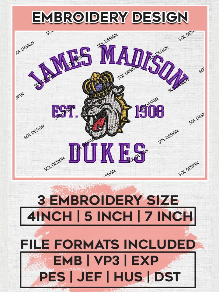 James Madison Dukes Est 1908 Logo Embroidery Designs, NCAA James Madison Dukes Embroidery, NCAA Team Logo, 3 sizes, Machine embroidery Files, Digital Download
