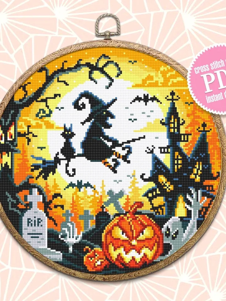 Halloween cross stitch pattern download PDF Halloween moon cross stitch chart Spooky cross stitch Cute Halloween witch Magic embroidery #H26