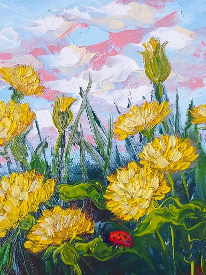 Dandelions Painting Ladybug Original Art Wildflower Wall Art Small Oil Painting