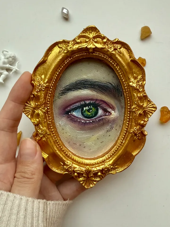 Original Framed Lover's Eye Antique Painting Illustration Vintage Style Small