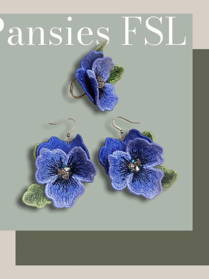 Pansies FSL machine embroidery designs Free standing lace embroidery pattern 3D flower embroidery motif Flower FSL embroidery Earrings FSL