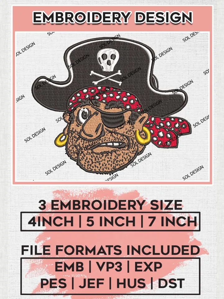 MLB Pittsburgh Pirates Head Logo Machine Embroidery Files, MLB Pittsburgh Pirates Team Embroidery, MLB Teams, 3 sizes, MLB Machine embroidery designs, Digital Download