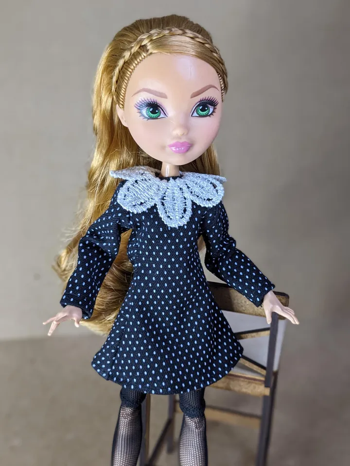 Handmade polka dot black mini dress for 10.5-inch female dolls (MH, EAH)
