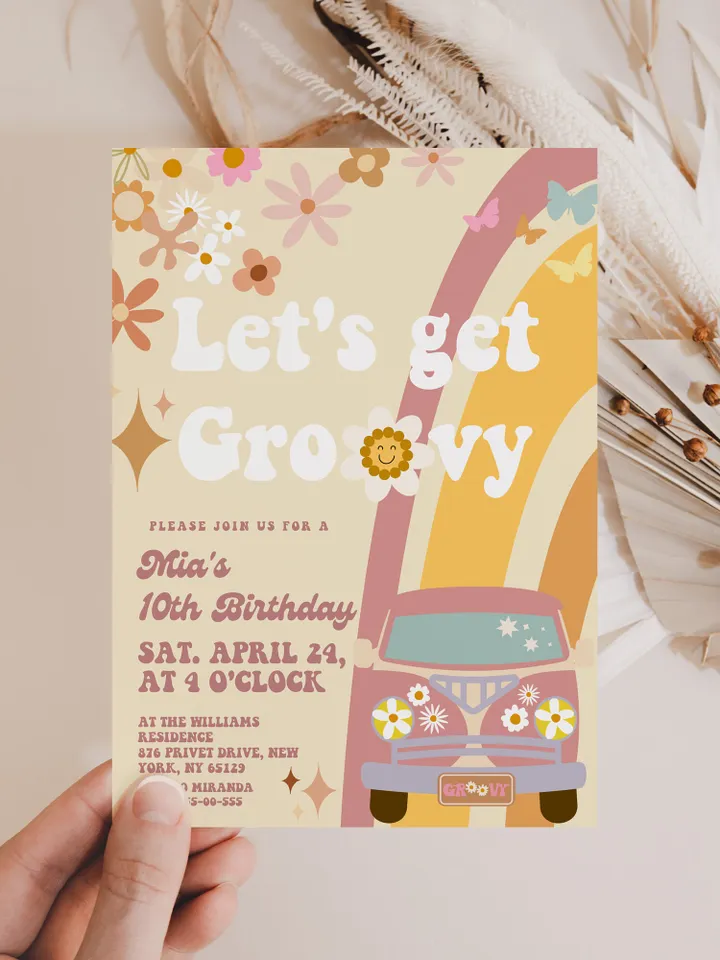 Let's get Groovy Editable Any Age Pink Groovy Van Daisy Rainbow Hippie Birthday Invitation Let's get Groovy 1st Birthday Invitation ; gr2