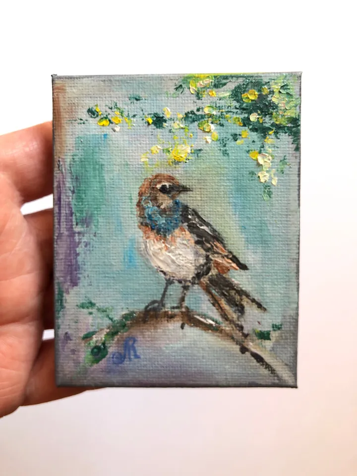 Aceo Birds Set of 4 Mini Painting Original Aceo cards Miniature Birds Painting Small Oil Painting
