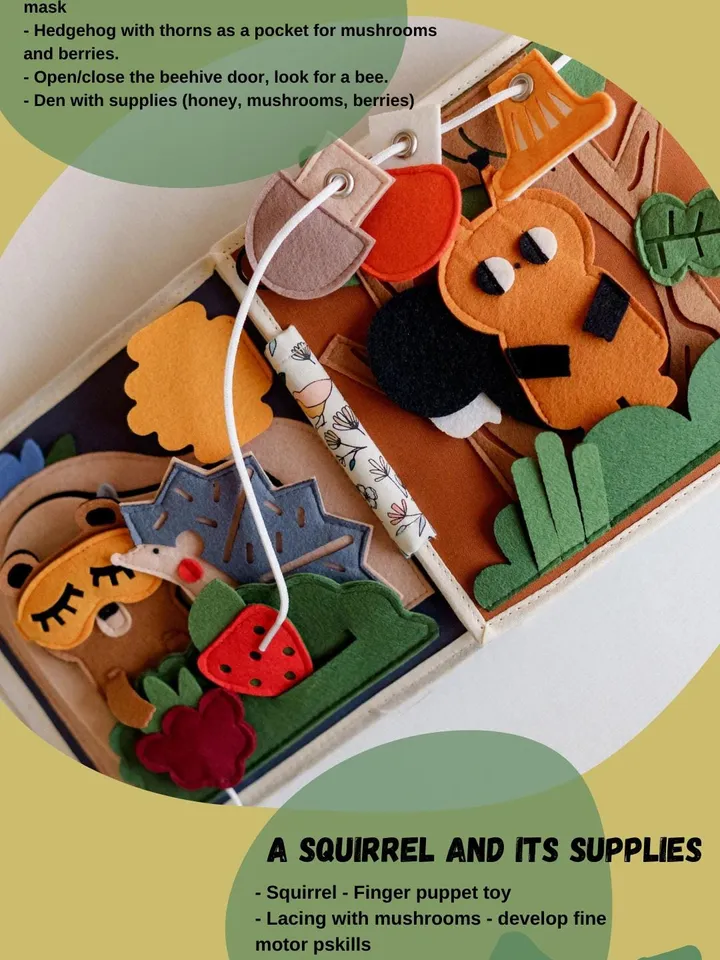 quiet book with forest animals made of felt and fabric for toddler 1,2,3 years old, handmade montessori baby activity toys, Kinderkrama