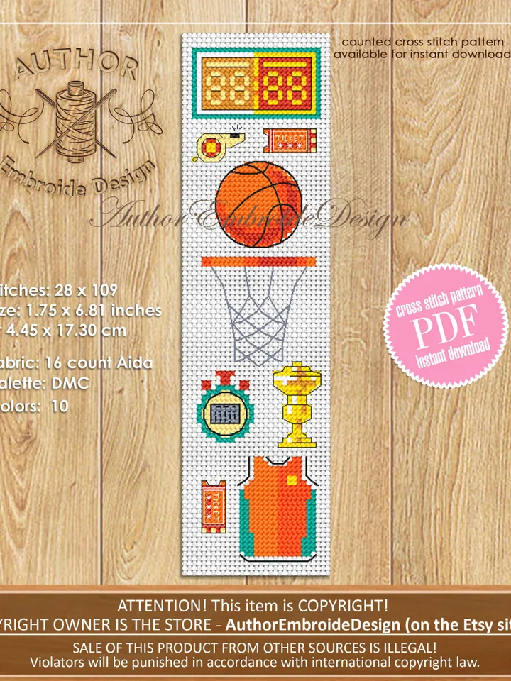 Basketball bookmark cross stitch pattern PDF download Sport cross stitch chart, Modern bookmark pattern digital PDF, Bookmark for men #B310