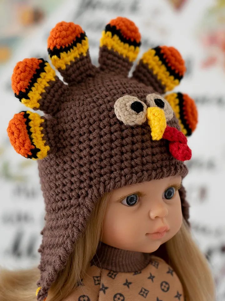 Crocheted Turkey hat for Paola Reina doll, Meadowdolls Dumplings, Little Darling, Siblies Ruby Red for Thanksgiving Day