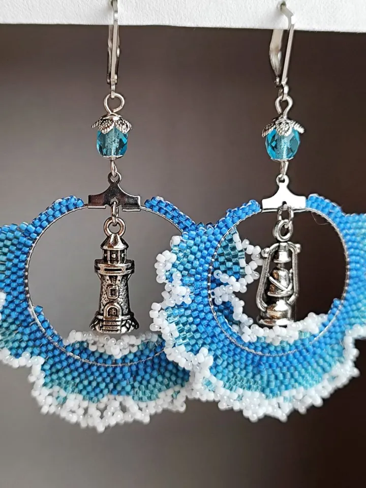 Blue beaded earrings with lighthouse waves kerosene lamp