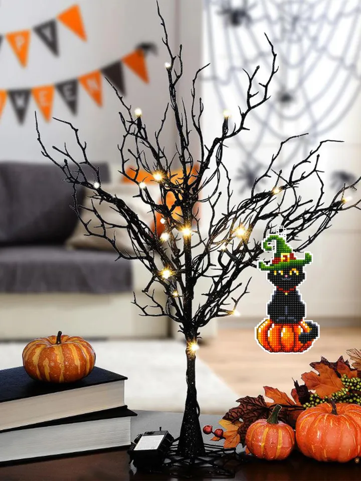 Black cat cross stitch pattern PDF download Double-sided Halloween ornament cross stitch chart for plastic canvas, Halloween tree decor #H69