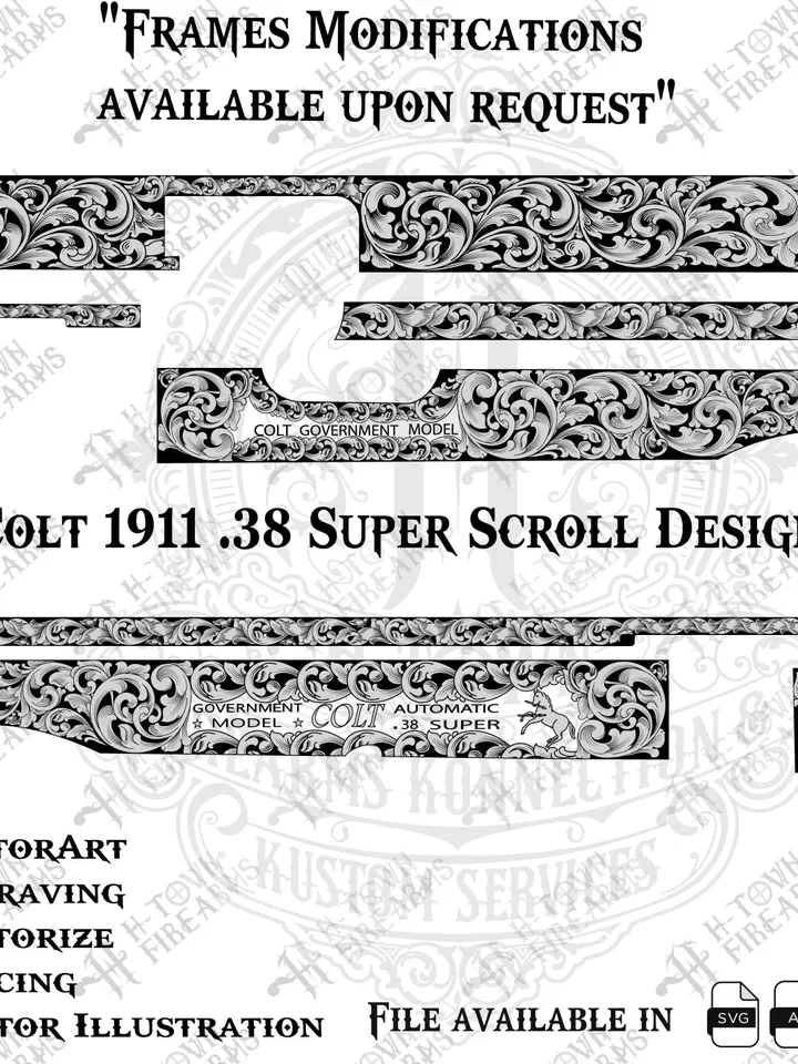 Colt 1911 .38 Super Scroll Engraving Vector Design: Laser Ready (Digital Download)