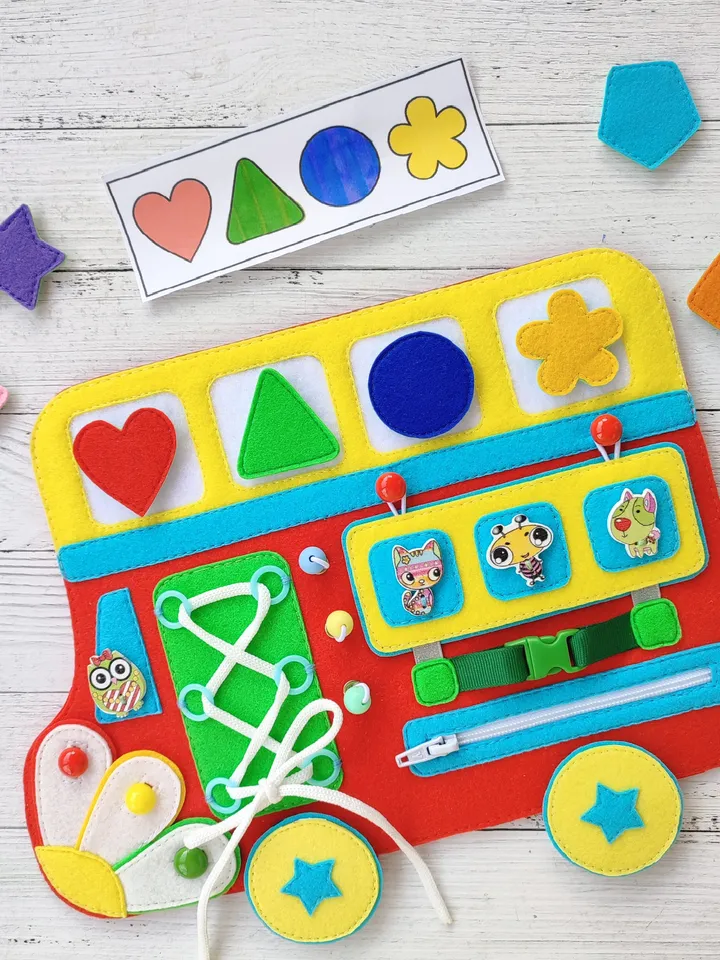 Felt montessori busy board pattern, Baby sensory board pdf, Quiet book pattern, Soft activity toys, Felt sewing pattern pdf for boys