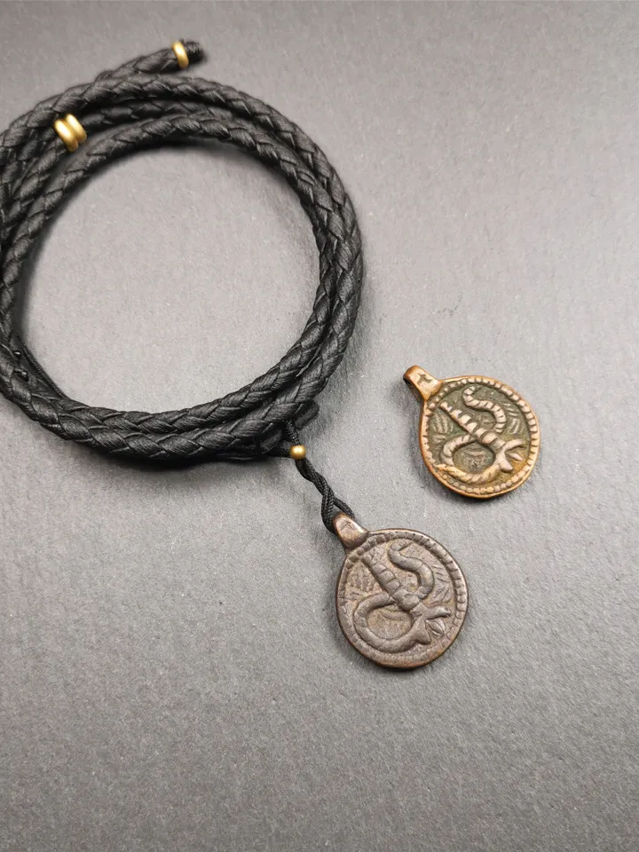 Gandhanra Handmade Tibetan Buddhist Amulet Pendant,Rod of Asclepius,Snake Stick, Made of Brass,0.87"